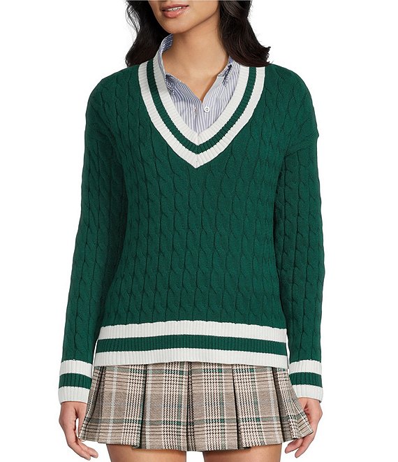 Copper Key Cable Knit V-Neck Pullover Sweater, Green Ivory - Image 1