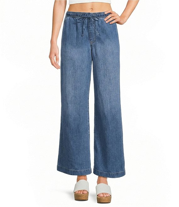 Copper Key Drawstring Wide Leg Denim Pants