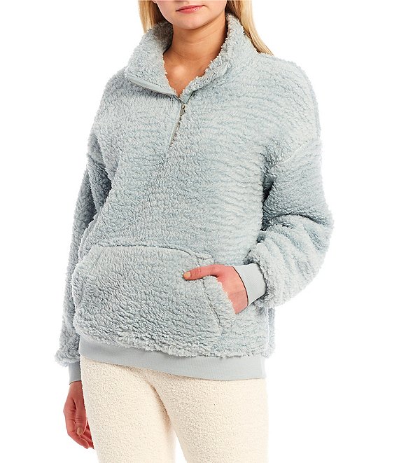 Color:Light Blue - Image 1 - Fuzzy Teddy Fleece Quarter Zip Pullover