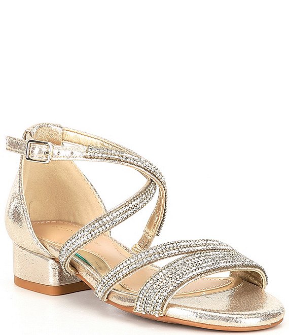 Color:Sand Gold - Image 1 - Girls' Charrming Glitzy Rhinestone Detail Strappy Dress Sandals (Youth)