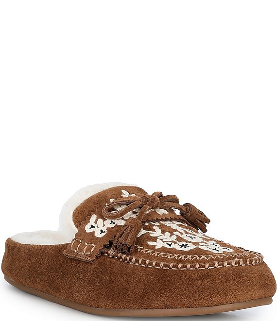 Copper Key Kit Two Suede Embroidered Faux Fur Tassel Clog Mules