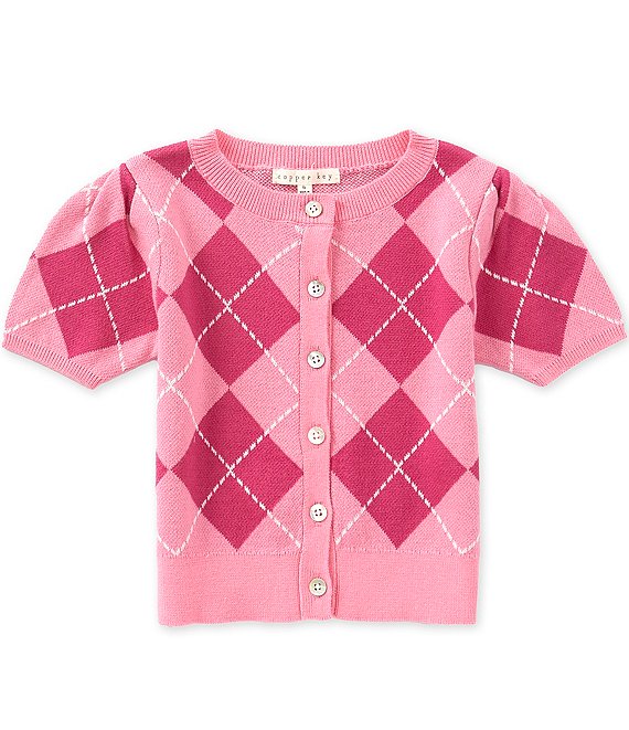 Copper Key Little Girls Argyle Button Front Short Sleeve Sweater