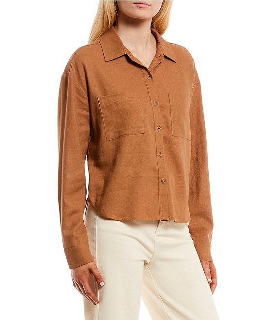Color:Camel - Image 1 - Long Sleeve Button Front Camp Shirt