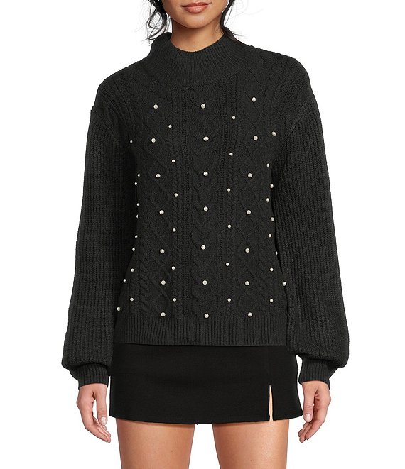 Copper Key Mock Neck Pearl Embellished Sweater