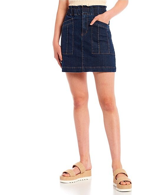 Color:Medium Blue - Image 1 - Paperbag Waist Utility Denim Mini Skirt