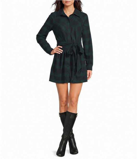 Copper Key Plaid Long Sleeve Mini Wrap Dress