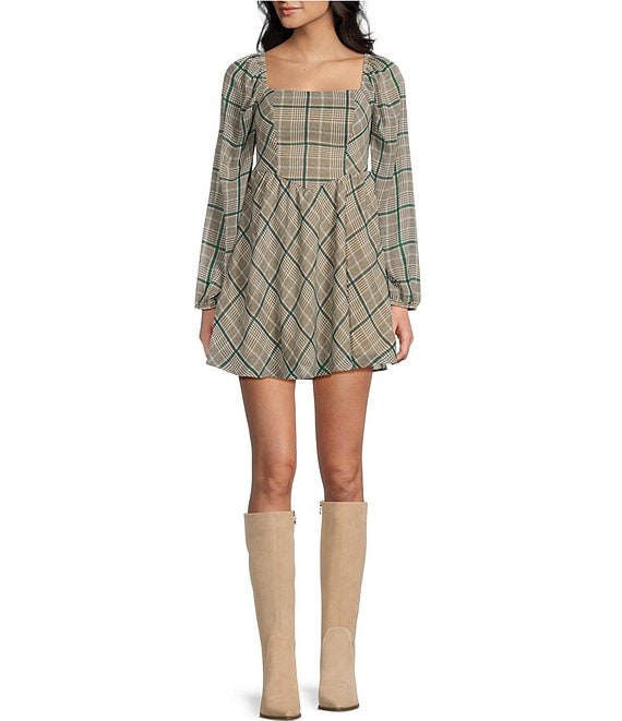Copper Key Plaid V Waist Long Sleeve Dress, Green Multi - Image 1