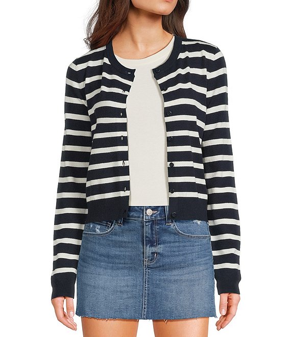 Copper Key Striped Classic Cardigan Sweater, Navy Ivory - Image 1