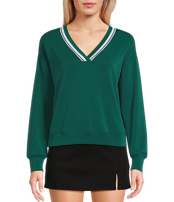 Copper Key V-Neck Varsity Inspired Contrast Trim Long Sleeve Top