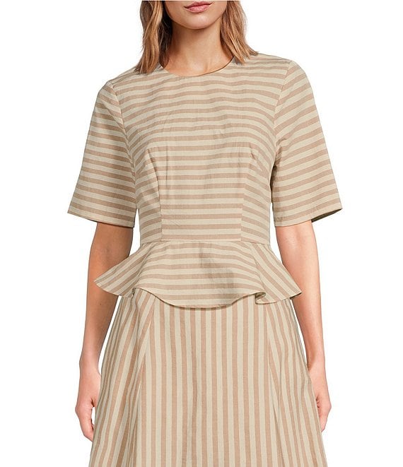 COREY LYNN CALTER Yolanda Woven Stripe Print Round Neck Short Sleeve Coordinating Peplum Top, Tan - Image 1