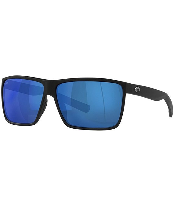 Color:Matte Black/Blue - Image 1 - Men's 6S9018 Rincon Mirrored 63mm Rectangle Polarized Sunglasses