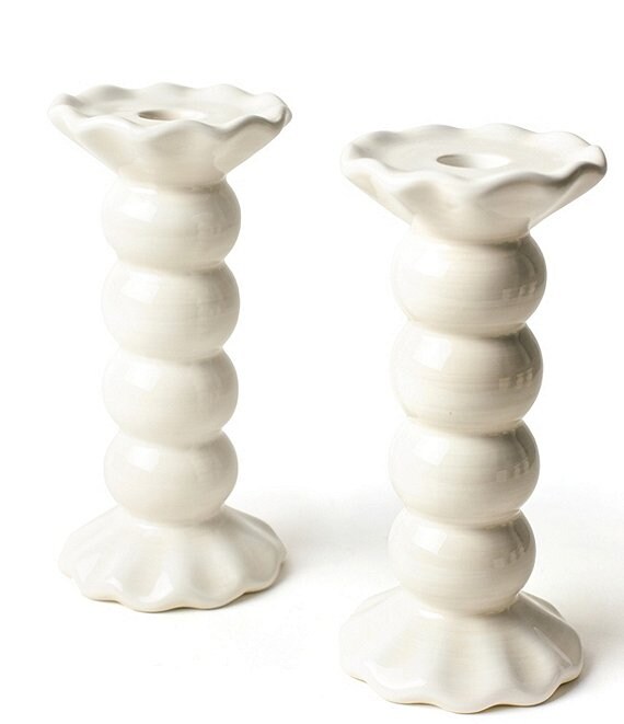 Coton Colors Signature White Medium Ruffle Knobbed Candle Holder, Set of 2
