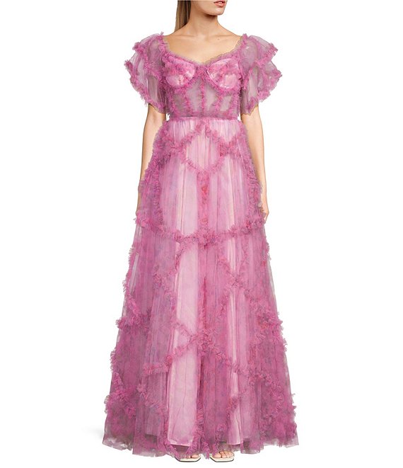 Coya Collection Floral Print Short Sleeve Illusion Corset Ruffle Ball Gown