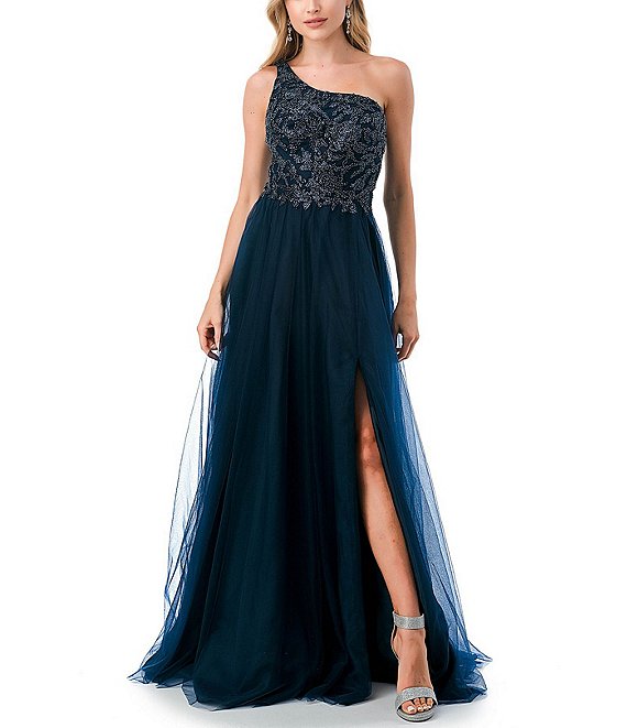 Coya Collection One Shoulder Beaded Bodice Front Slit Ball Gown | Dillard's