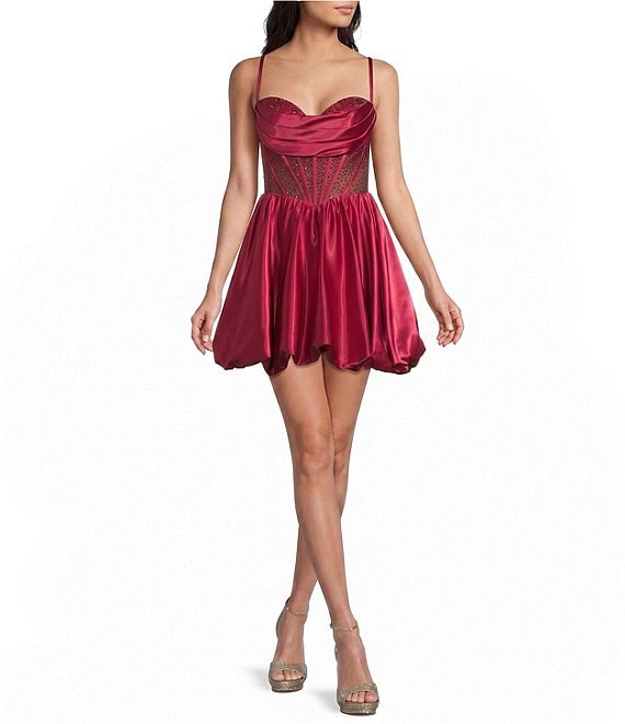 Coya Satin Drape Neck Stone Embellished Bustier Corseted A-Line Bubble Dress
