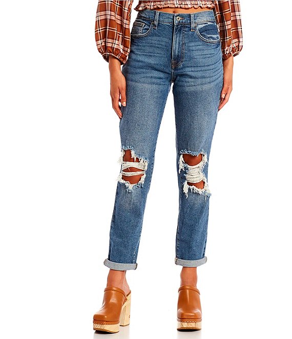Color:Every So Often - Image 1 - High Rise Destructed Rolled Cuff Mom Jeans