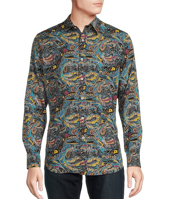 Cremieux Big Tall Premium Denim Stretch Paisley Print Long Sleeve Woven Shirt