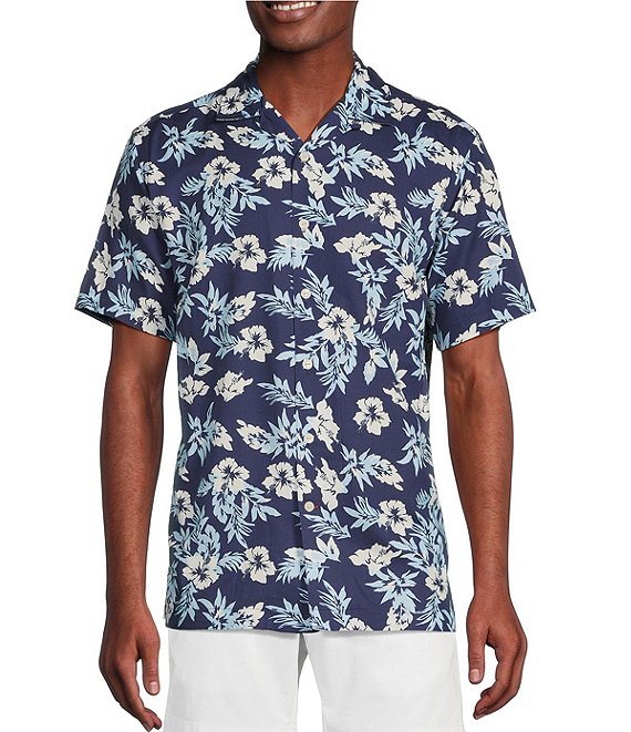 Cremieux Blue Label Cotton Twill Hawaiian Floral Print Short Sleeve Woven  Camp Shirt