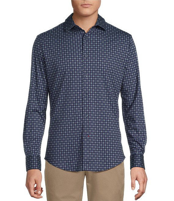 Cremieux Blue Label Interlock Coat Front Long Sleeve Geometric Print Knit Shirt, Peacoat Multi - Image 1