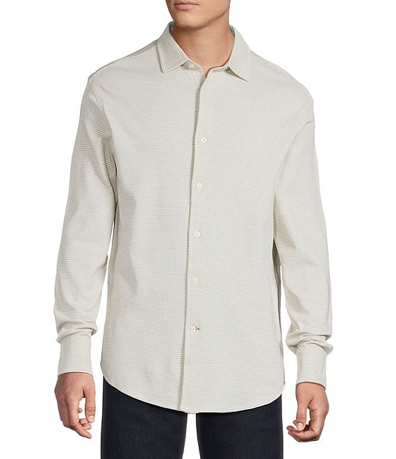 Cremieux Blue Label Interlock Coat Front Long Sleeve Striped Knit Shirt