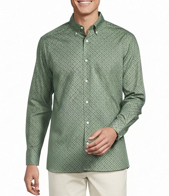 Cremieux Blue Label Long Sleeve Button Down Twill Geometric Woven Shirt, Four Leaf Clover - Image 1