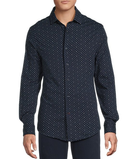 Cremieux Blue Label Printed Coat Front Knit Shirt, Dark Navy - Image 1