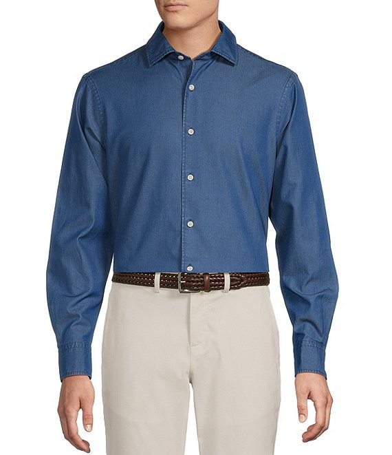 Cremieux Blue Label Solid Albini Denim Long Sleeve Woven Shirt