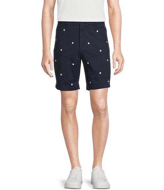 Color:Navy - Image 1 - Blue Label United in Cremieux Collection Soho Slim Fit Embroidered Stars 8#double; Inseam Cargo Shorts