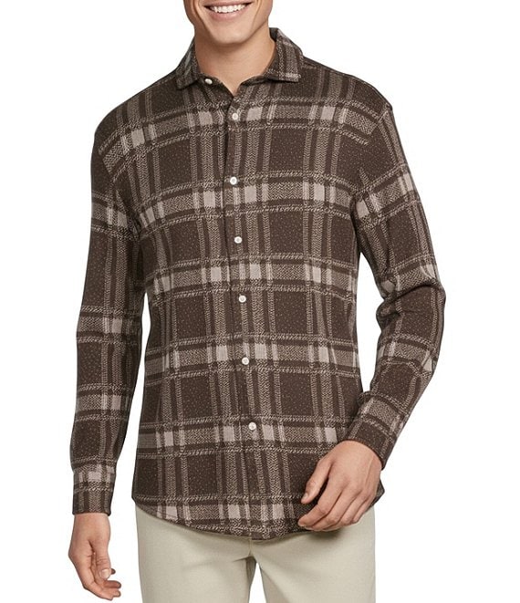 Cremieux Premium Denim Medium Plaid Long Sleeve Coat Front Knit Shirt