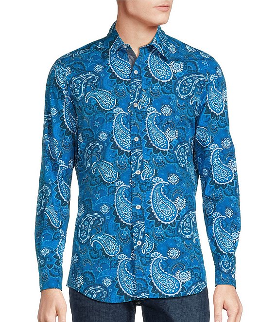 Cremieux Premium Large Denim Paisley Stretch Long Sleeve Woven Shirt ...