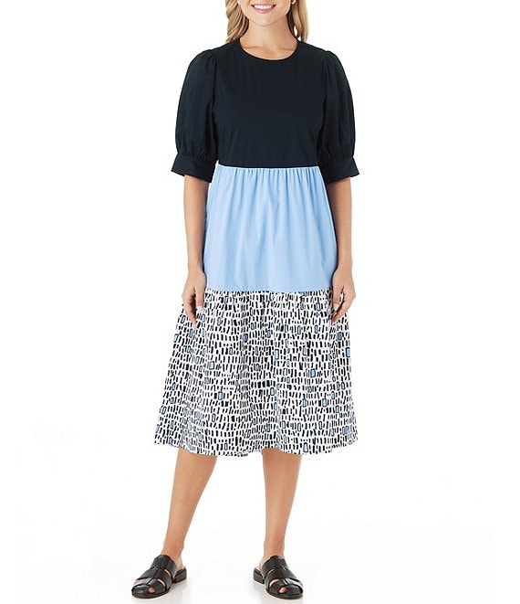 CROSBY by Mollie Burch Barrett Stretch Crew Neck Dropped Short Puff Sleeve Pocketed Color Block Tiered A Line Midi Dress Dillard s