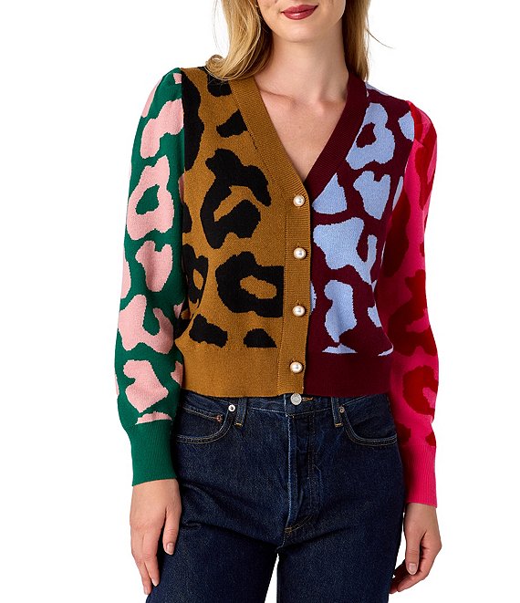 CROSBY by Mollie Burch Jovie Cashmere Blend Intarsia Knit Color Block Leopard V-Neck Long Sleeve Button Front Cardigan, Leopard Colorblock - Image 1