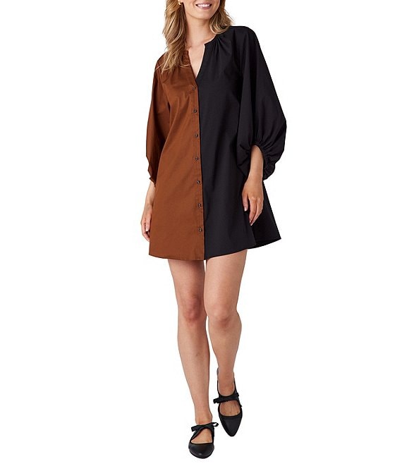 CROSBY by Mollie Burch Liv Color Block Split Round Neck 3/4 Sleeve Button Front Mini Shirt Dress, Brown/Black - Image 1