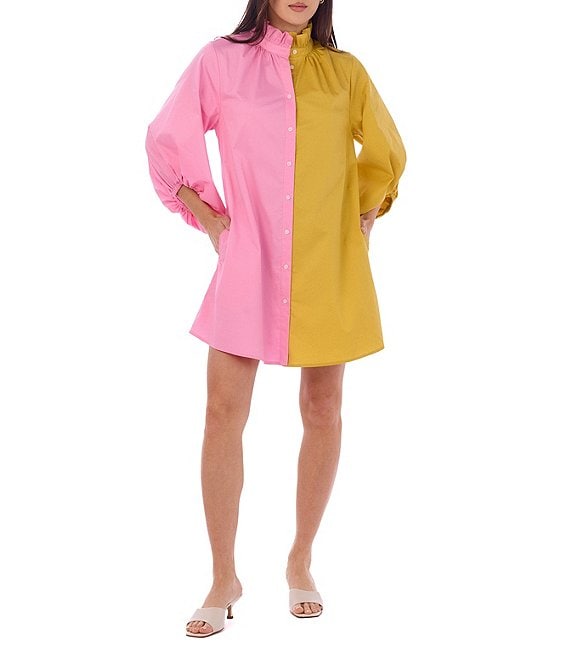 CROSBY by Mollie Burch Olive Colorblock High Ruffle Collar Long Sleeve Button Front Shirt Dress, Citron Colorblock - Image 1