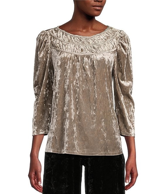 Cupio Crushed Velvet Knit Boat Neck 3/4 Puff Sleeve Top