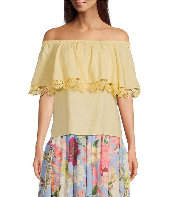Color:Sunlight - Image 1 - Lace Trim Off-The-Shoulder Short Ruffled Sleeve Top