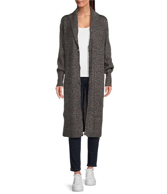 Cupio Shawl Collar Long Puff Sleeve Side Slit Button Front Tweed Yarn ...