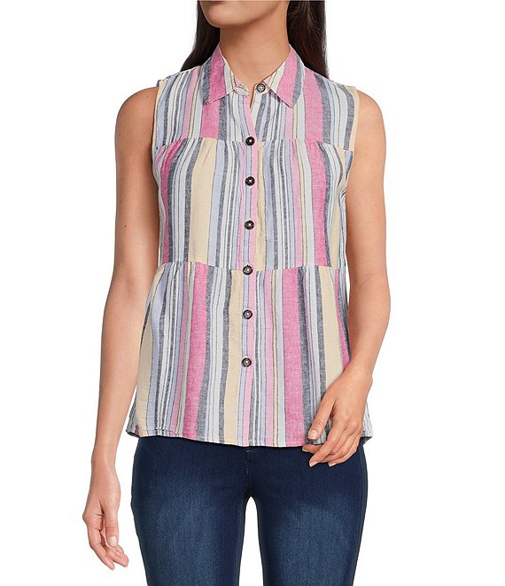 Cupio Woven Striped Print Point Collar Sleeveless Tiered Hem Button Front  Top