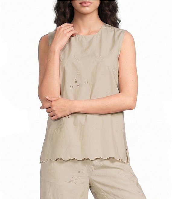 Current Air Coordinating Embroidered Cotton Poplin Crew Neck Sleeveless Scalloped Hem Top