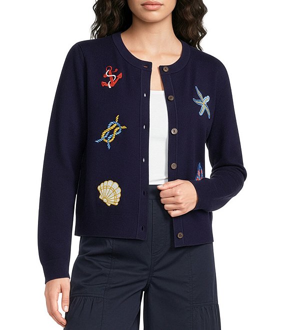 Current Air Embroidered Nautical Icons Round Neck Long Sleeve Button Front Cardigan