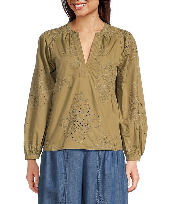 Current Air Eyelet Split Neck Long Sleeve Blouse, Olive - Image 1