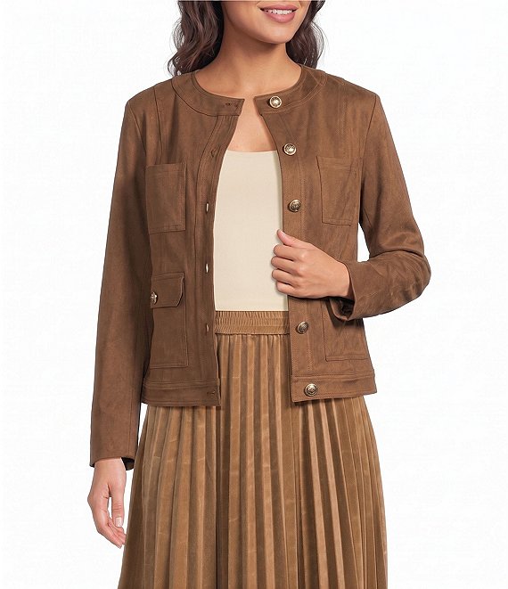 Current Air Faux Suede Round Neck Long Sleeve Button Front Jacket