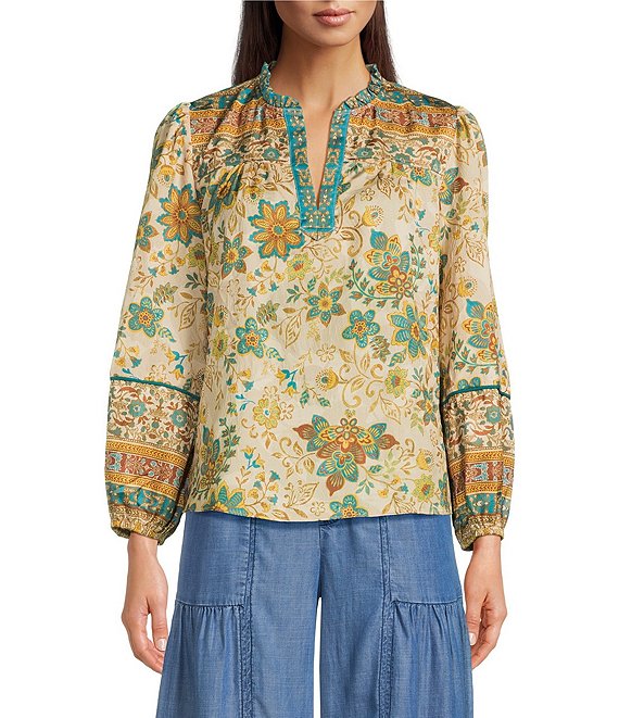 Current Air Floral Ruffled Split Collar Long Sleeve Blouse, Taupe/Teal Multi - Image 1