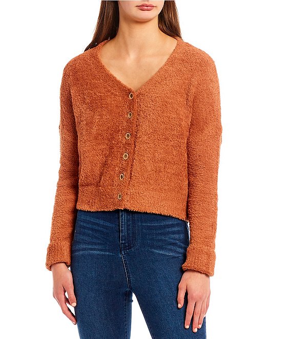 Color:Amber Brown - Image 1 - Cropped Cardigan Sweater