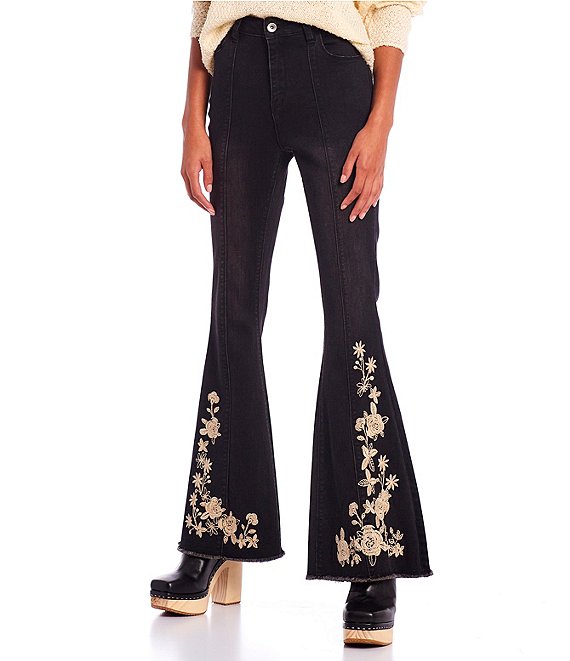 Color:Black - Image 1 - Mid Rise Embroidered Flare Jeans