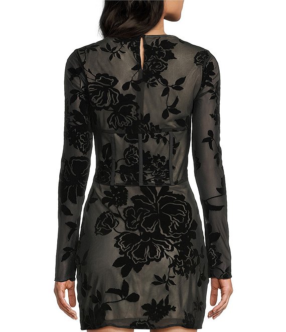 C&V Chelsea & Violet Round Neck Long Sleeve Flocked Mesh Coordinating Corset Top