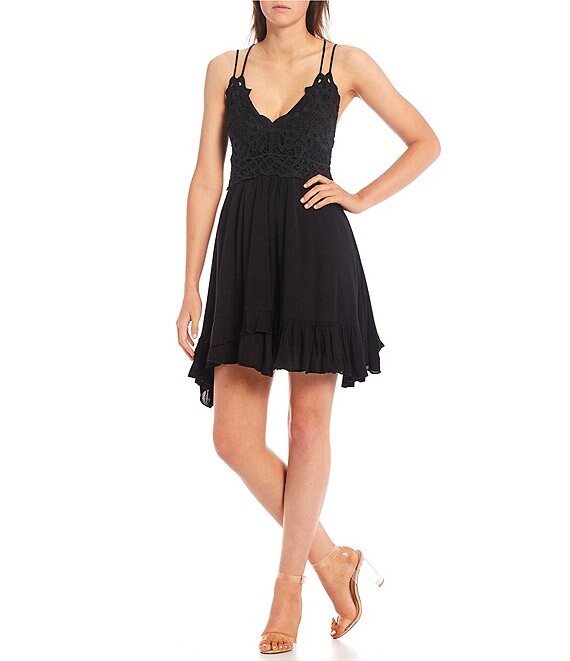 Color:Black - Image 1 - Strappy Lace Ruffle Hem Detail Dress