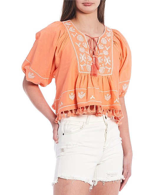 Color:Sunbaked - Image 1 - Woven Embroidered Peasant Top