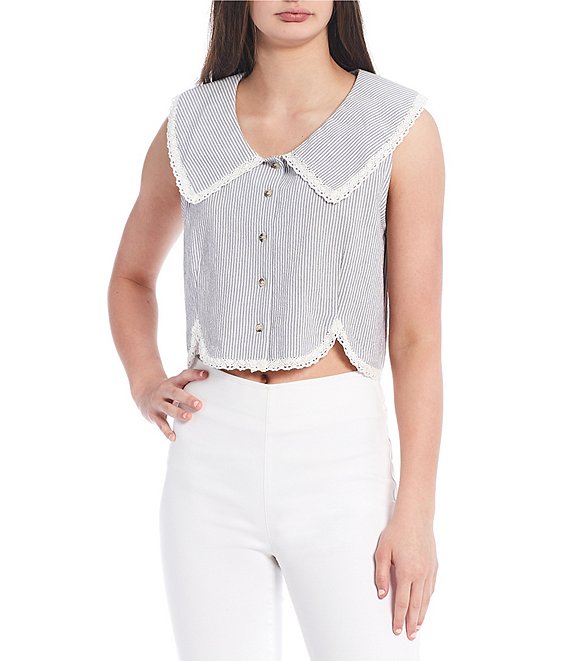 Color:White/Blue - Image 1 - Woven Stripe Button Front Lace Trim Collared Top
