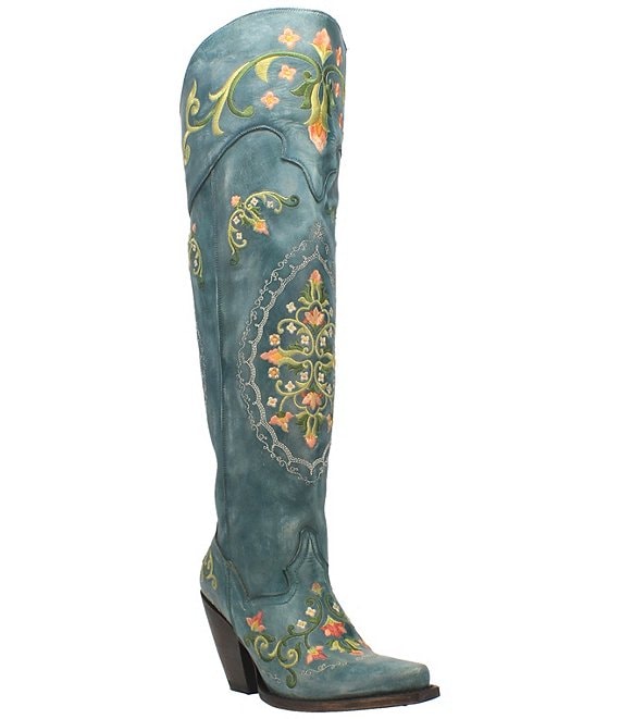 Color:Turquoise - Image 1 - Flower Child Embroidered Leather Over-The-Knee Western Boots